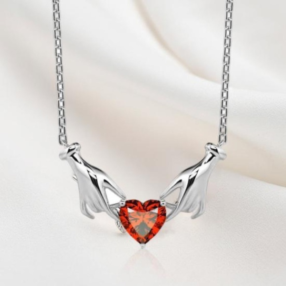 18K White Gold (Rhodium) Claddagh Inspired Hands Holding Gemstone Heart Necklace